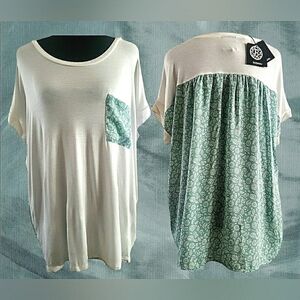 Floral Large Mixed Media Babydoll Soft Stretch Short Sleeve Pullover Top